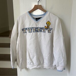 Vintage 90s Looney Tunes Embroidered Tweety Bird V Neck Varsity Sweatshirt